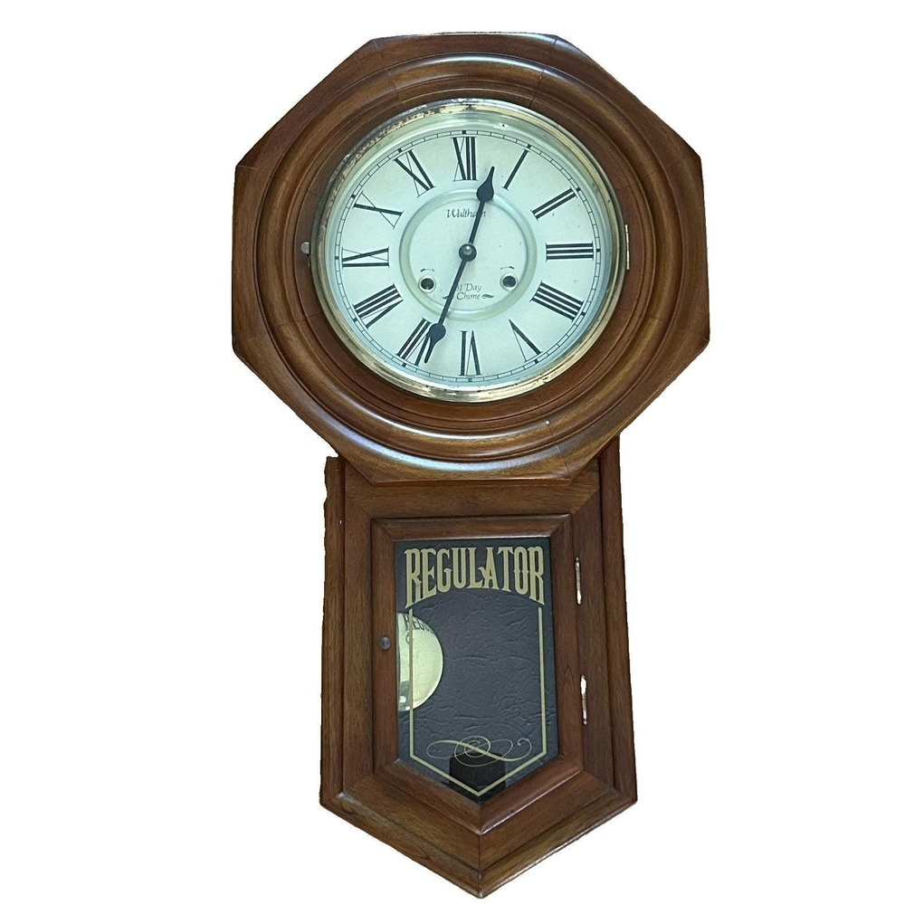 Vintage Waltham 31 Day Regulator Cherry Wood Chime Wall Clock w/Key Untested